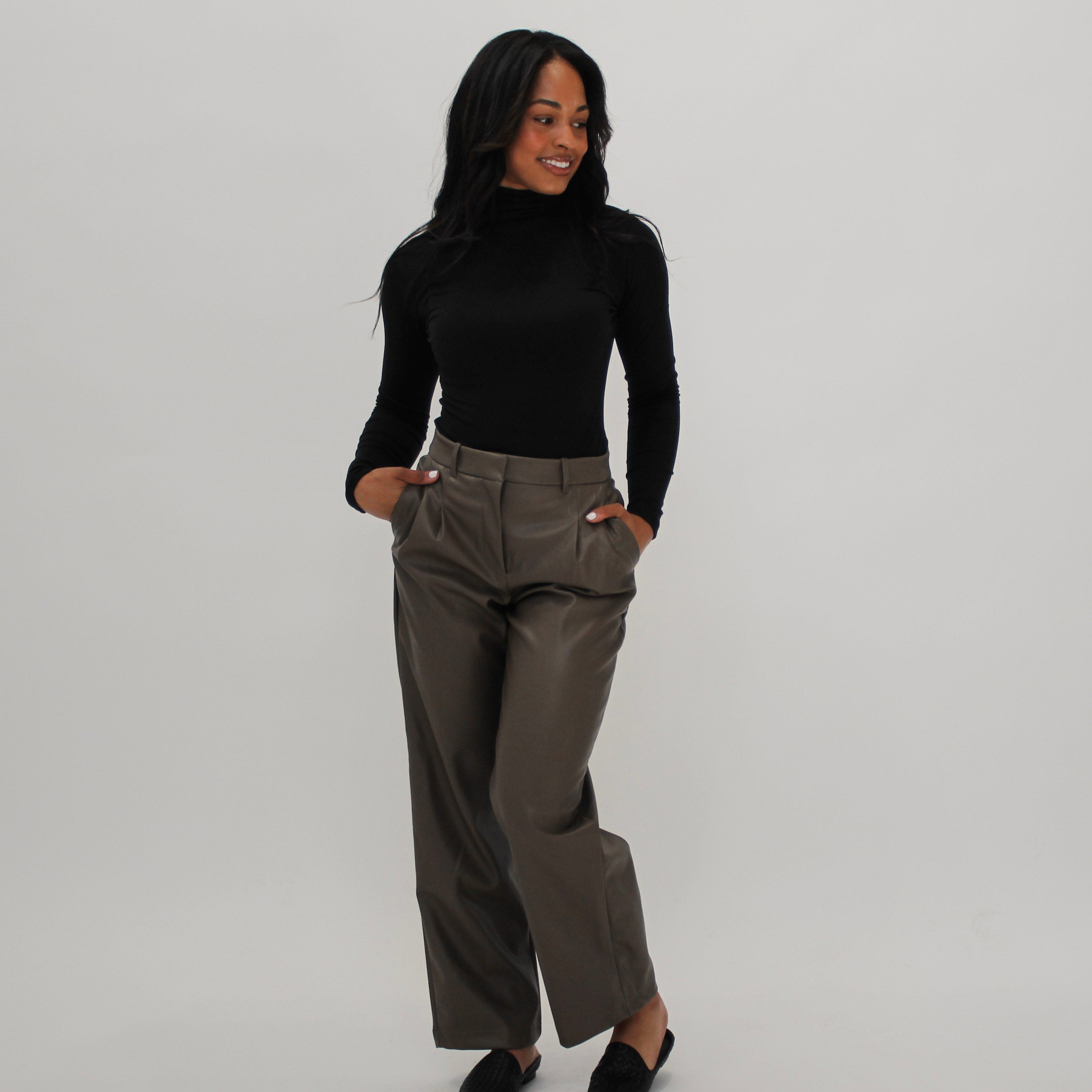 Brynn Taupe Vegan Leather Pleated Trouser