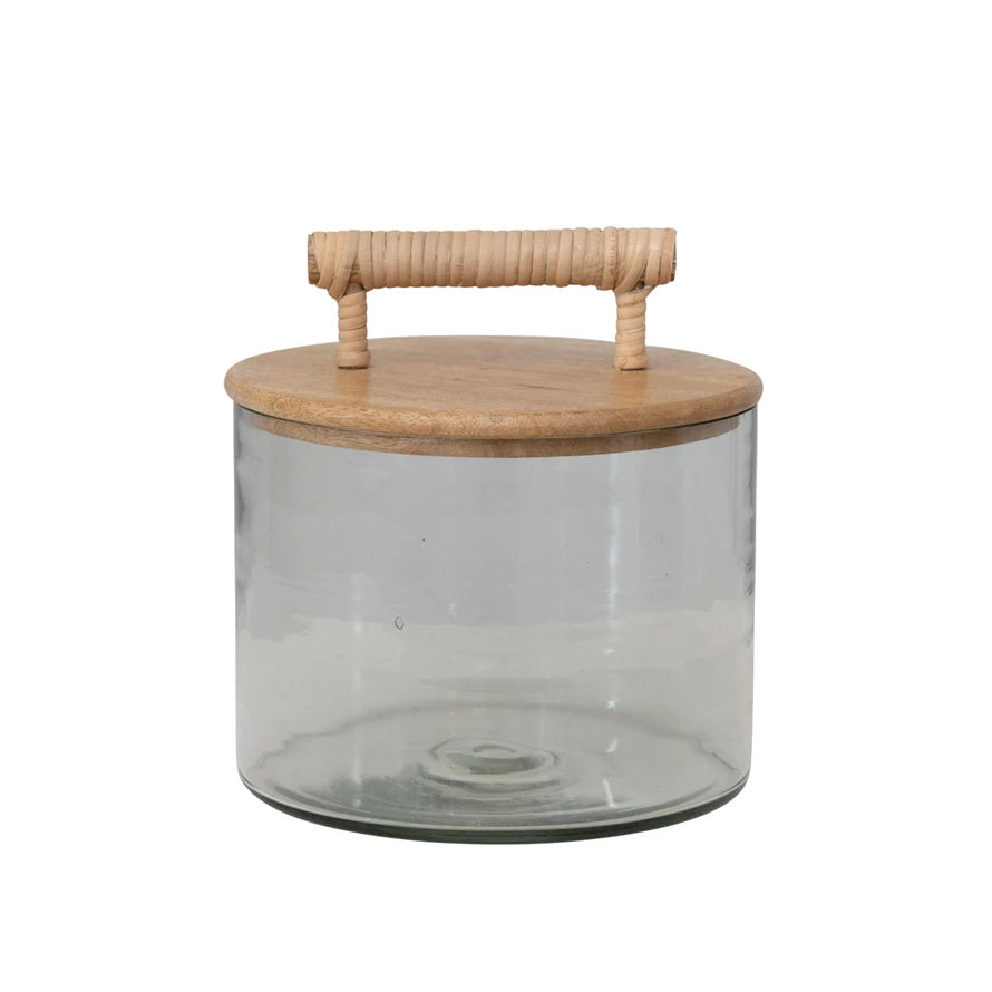 Glass Jar Mango Wood Lid + Rattan Wrapped Handle