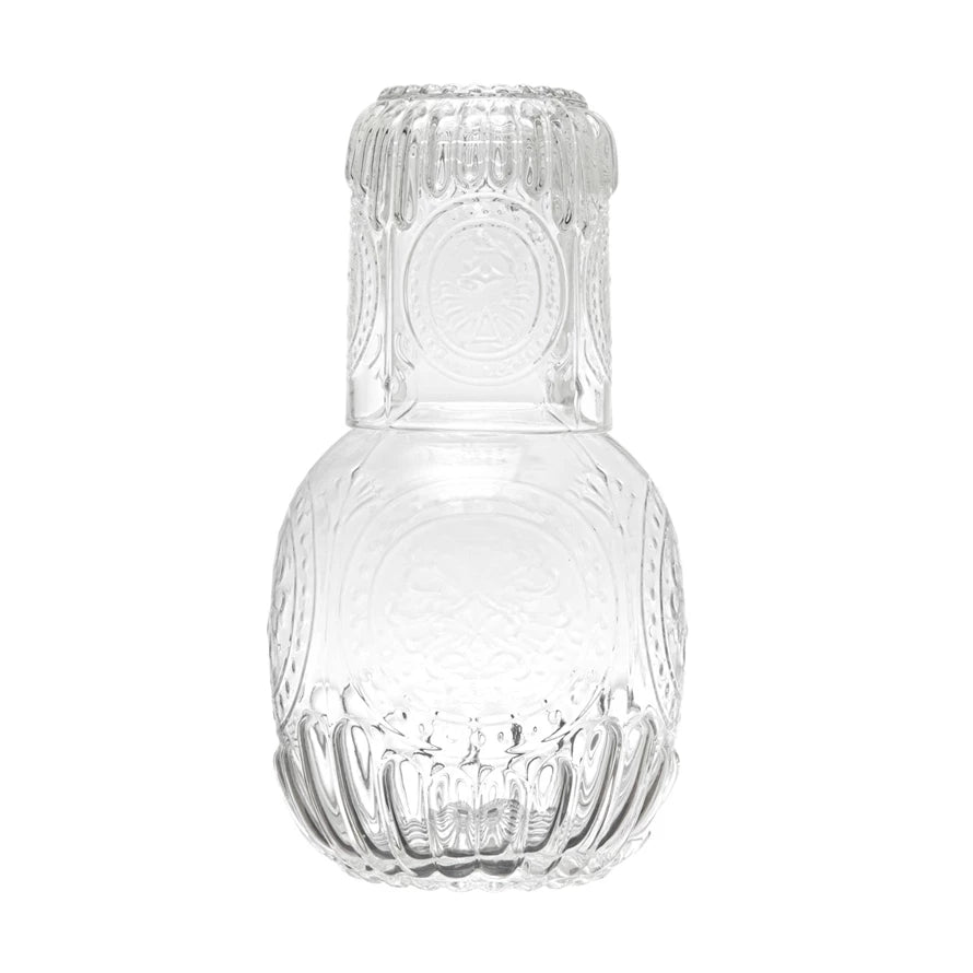 Embossed Glass Carafe + Drinking Glass