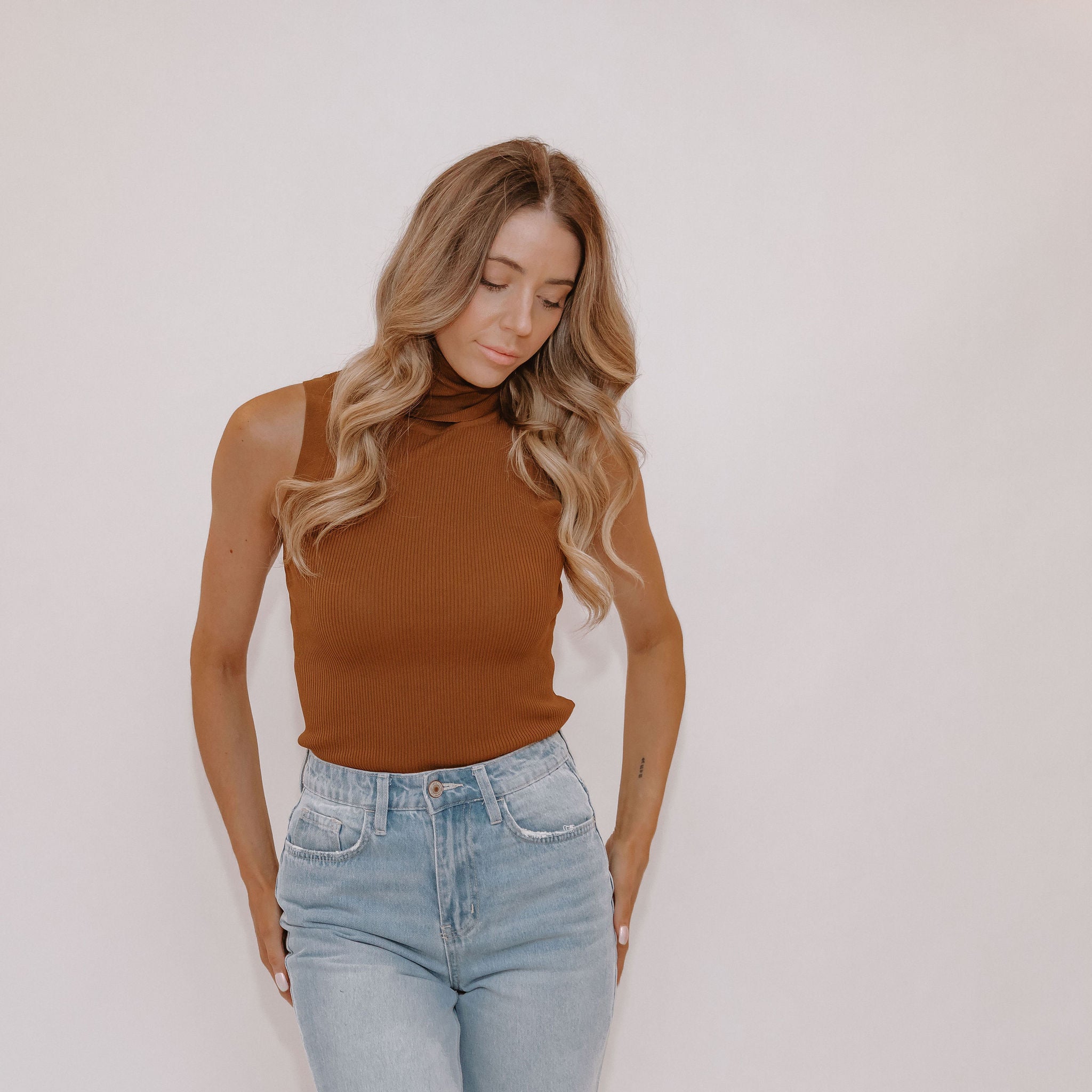 Vail Brown Turtle Neck Sleeveless Top