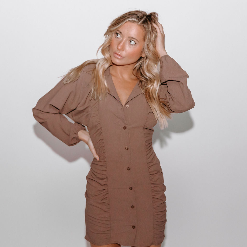 Ruching Collared Button Up Dress