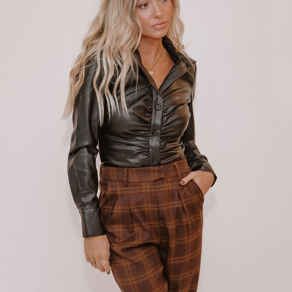 Riley Vegan Leather Ruched Button Up