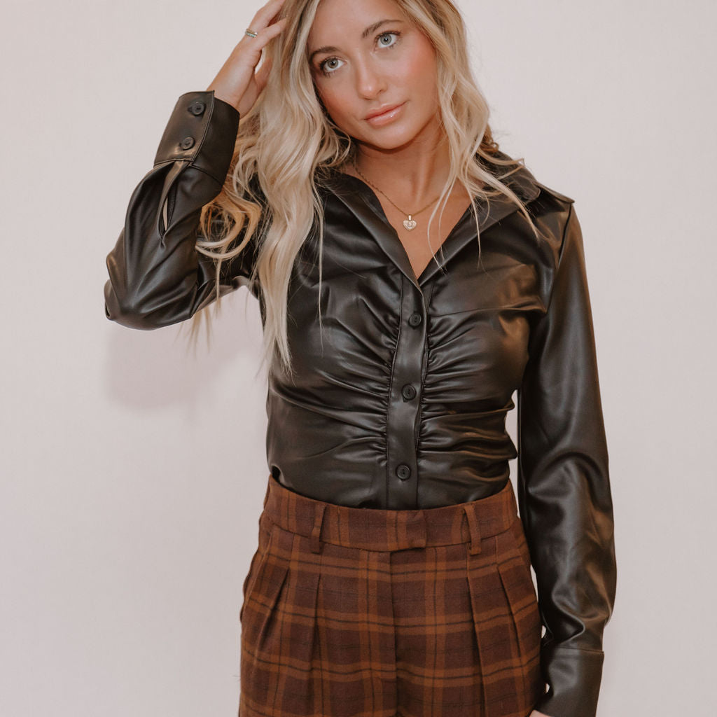 Riley Vegan Leather Ruched Button Up