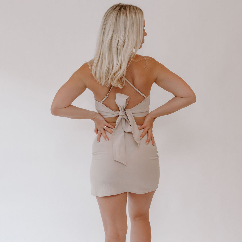 Taupe Back Tie Crop Top + Skirt Set