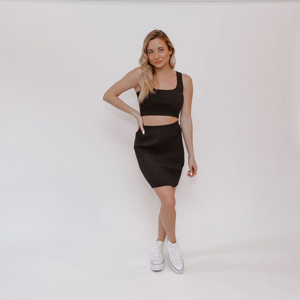 Black Knit Bodycon Top + Skirt Set