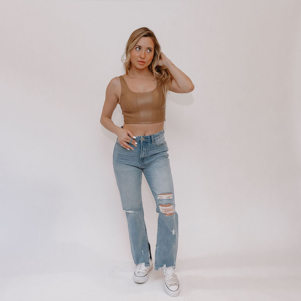 Tan Leather Square Neck Crop Top